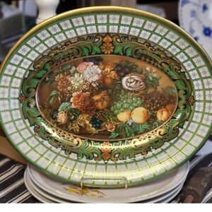 Vintage Platter Daher Decorated Ware Floral Fruit Oval Metal Made in England 13”